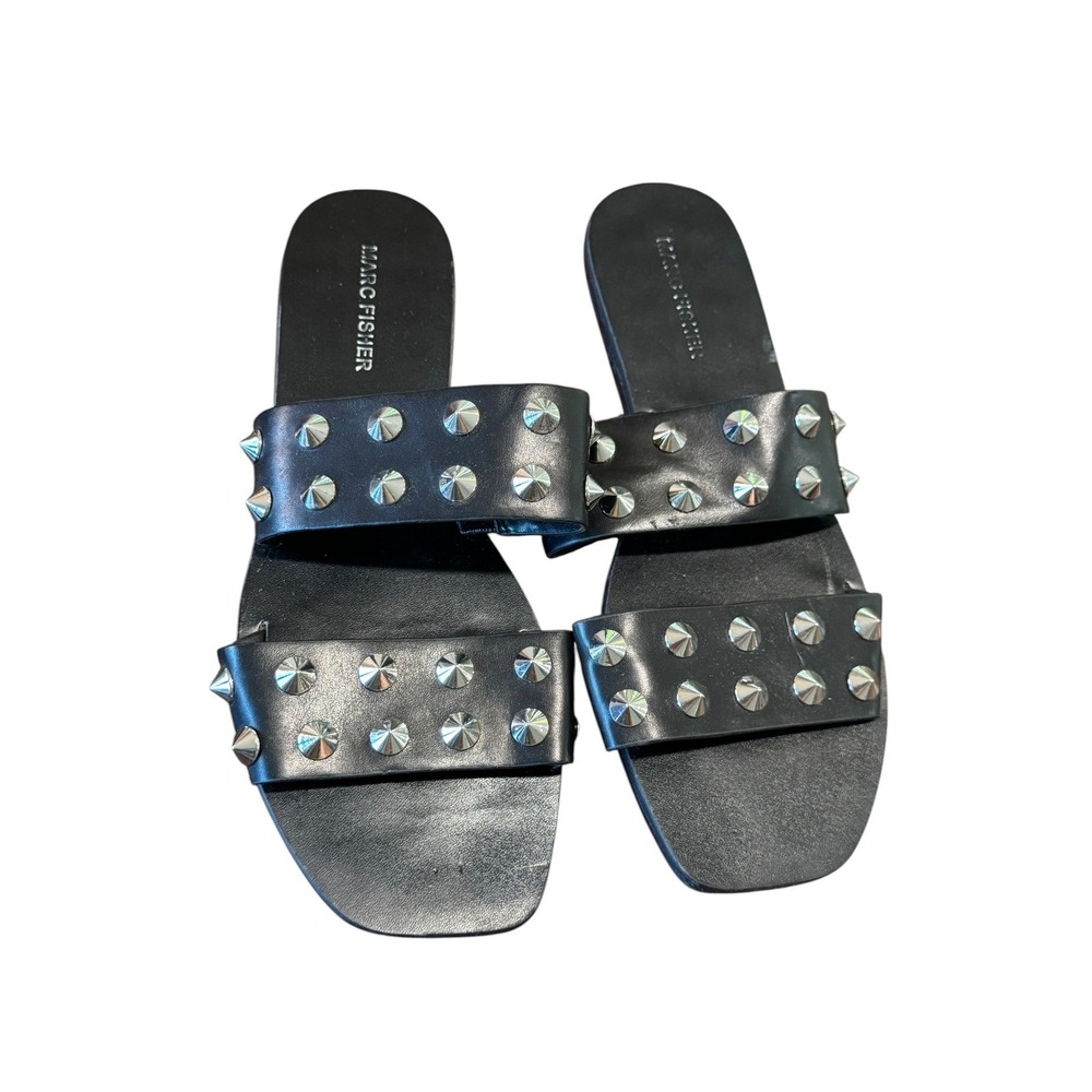 Marc Fisher Black Leather Studded Slide Sandals Double Strap Size 8 - Picture 2 of 6